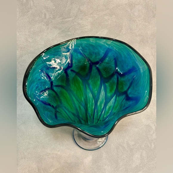 Blue-Green Tall Wave Glass Vase by The Glass Forge 10” Tall - Picture 3 of 5
